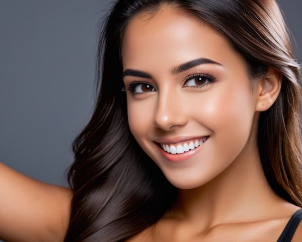 Young woman with radiant smile and flowing hair