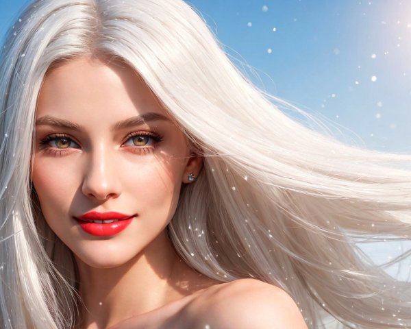 Young woman with platinum blonde hair and blue sky