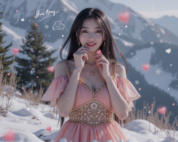 Young woman in pink gown in snowy landscape with hearts