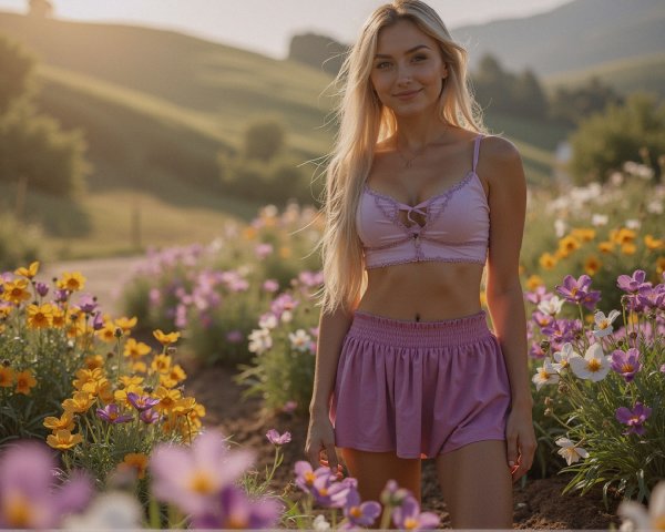 Young woman in flower field with vibrant scenery