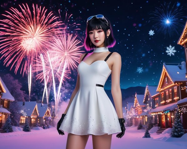 Fashionable Woman in Snowy Village with Fireworks