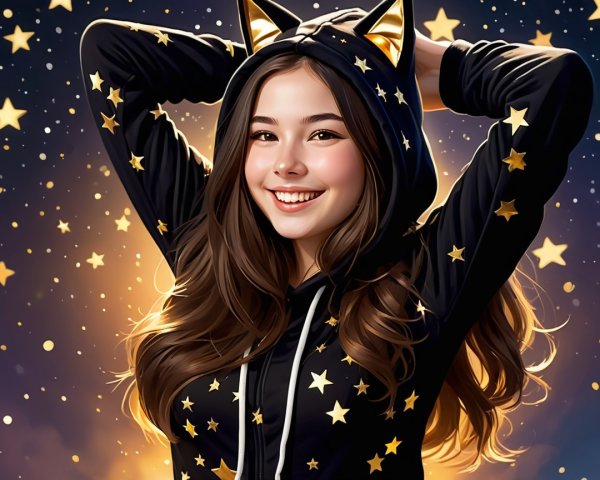 Cheerful girl in starry hoodie against night sky