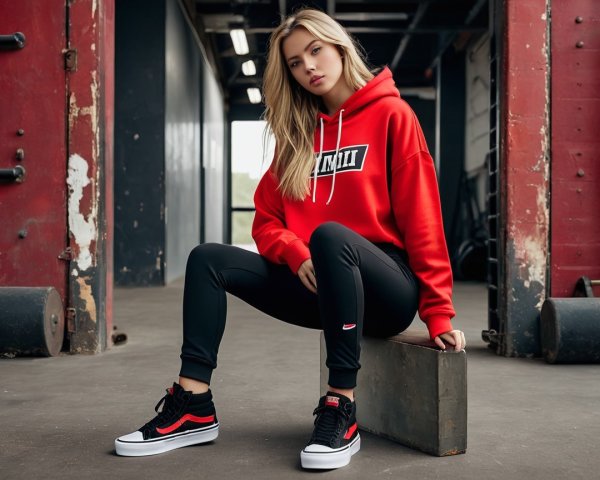Young woman in gym attire on weight plate