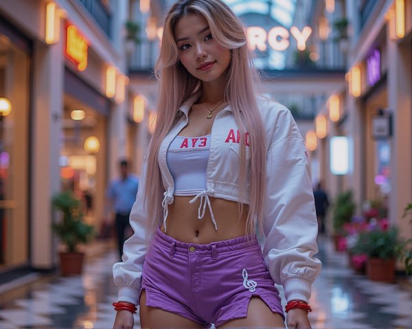 Young Woman in Stylish Outfit in Colorful Indoor Space