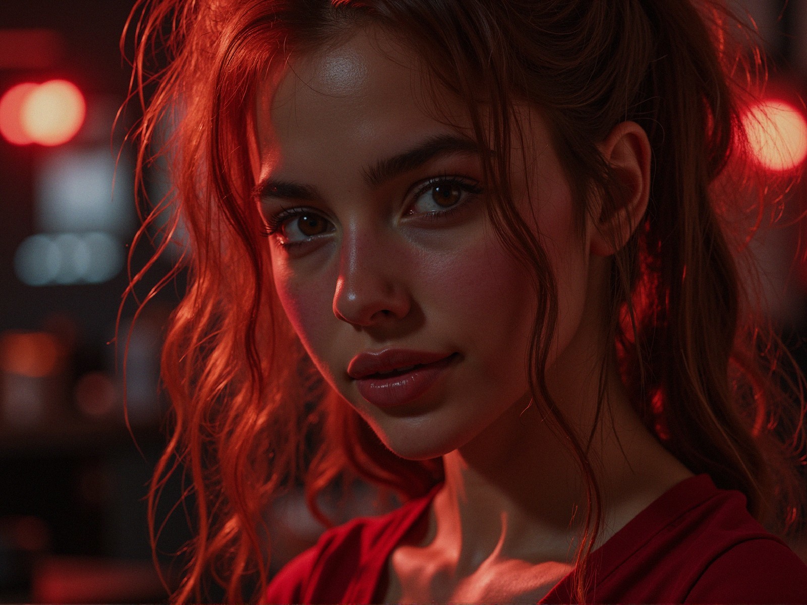 Close-Up Portrait of a Young Woman with Red Lighting