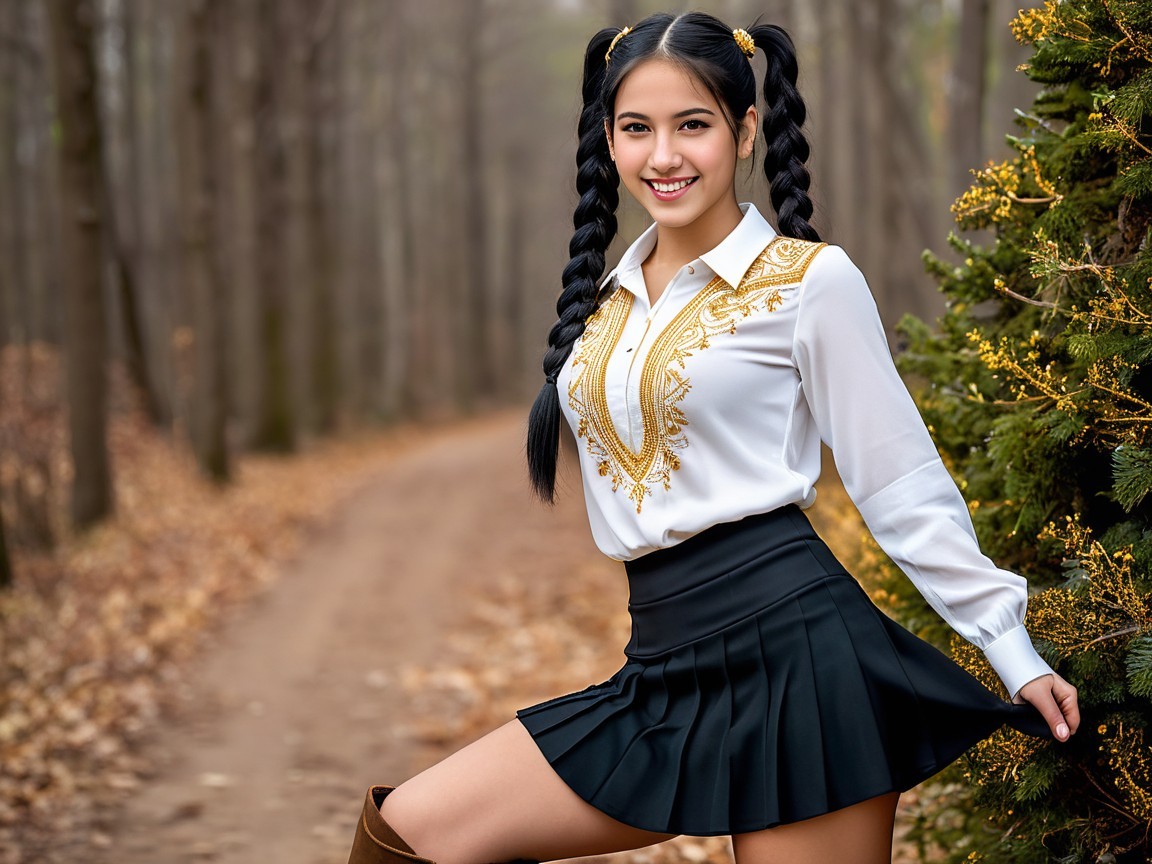 Young Woman in Forest with Autumn Scenery