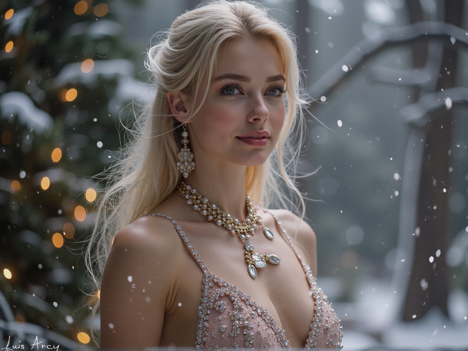 Elegant Woman in Intricate Dress Against Winter Scene