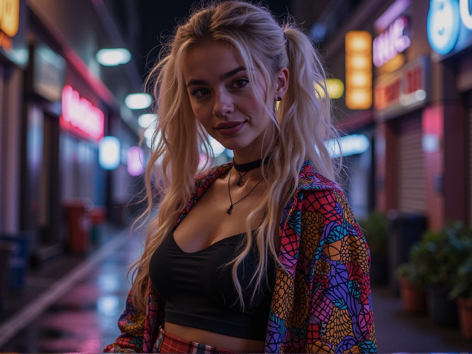 Young woman in neon-lit urban alleyway fashion