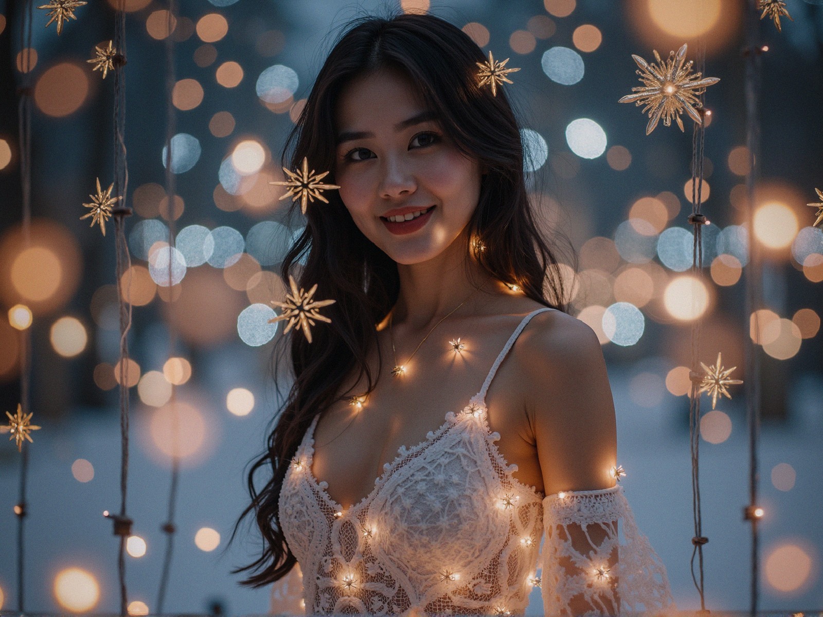 Woman in lace dress with fairy lights in winter scene