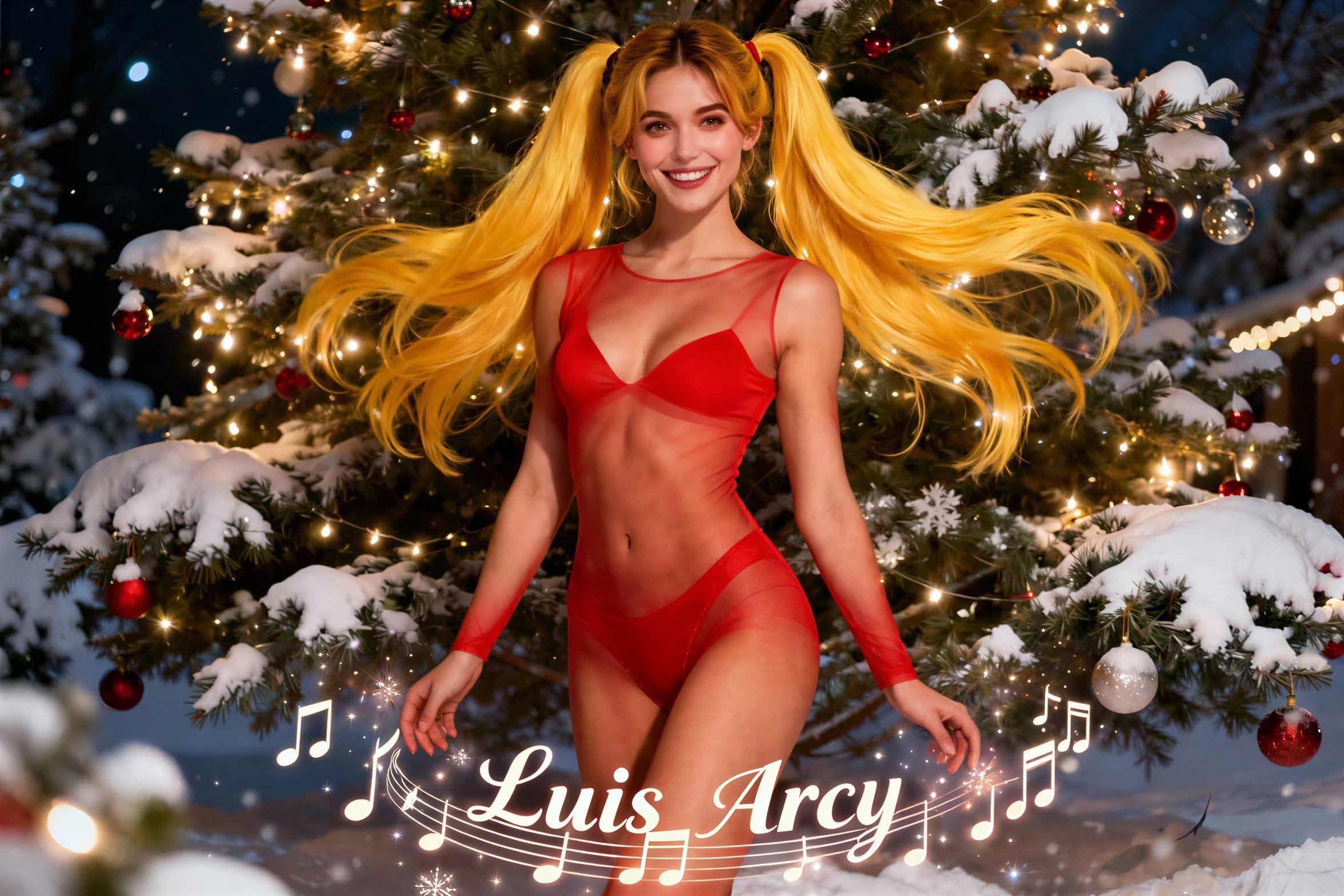 Young woman in red swimsuit in snowy forest scene