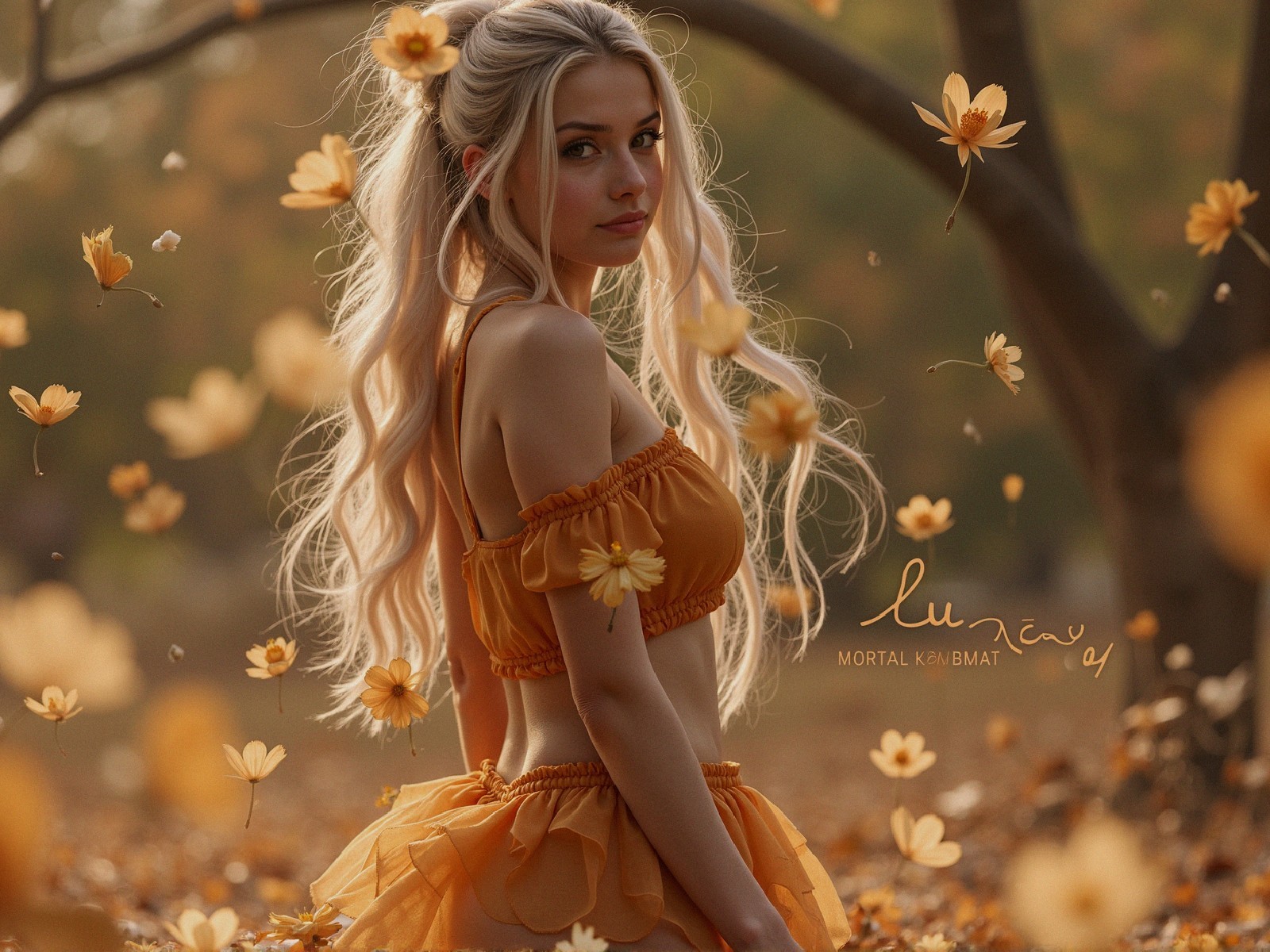 Young Woman in Vibrant Orange Outfit in Autumn Setting