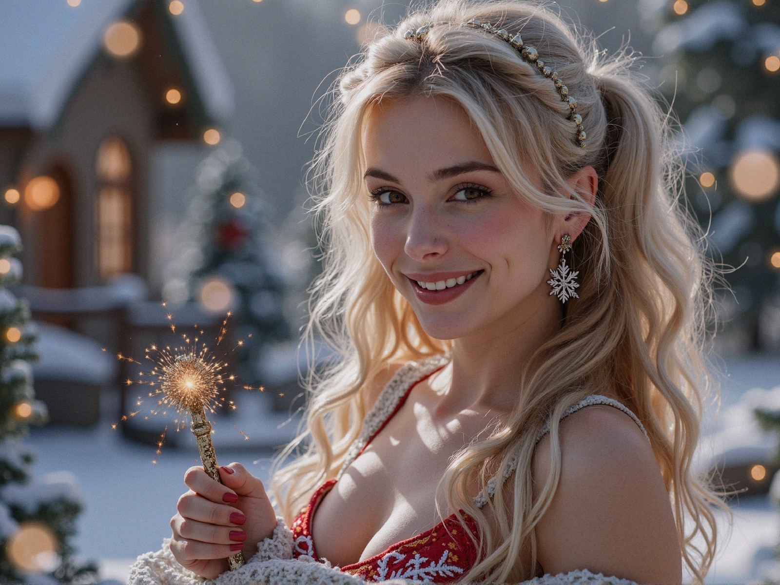 Young Woman in Winter Wonderland with Sparkler