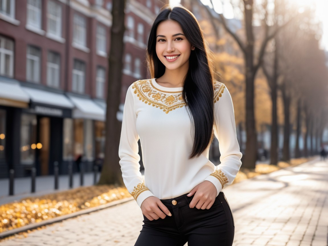 Young woman in stylish sweater on autumn street