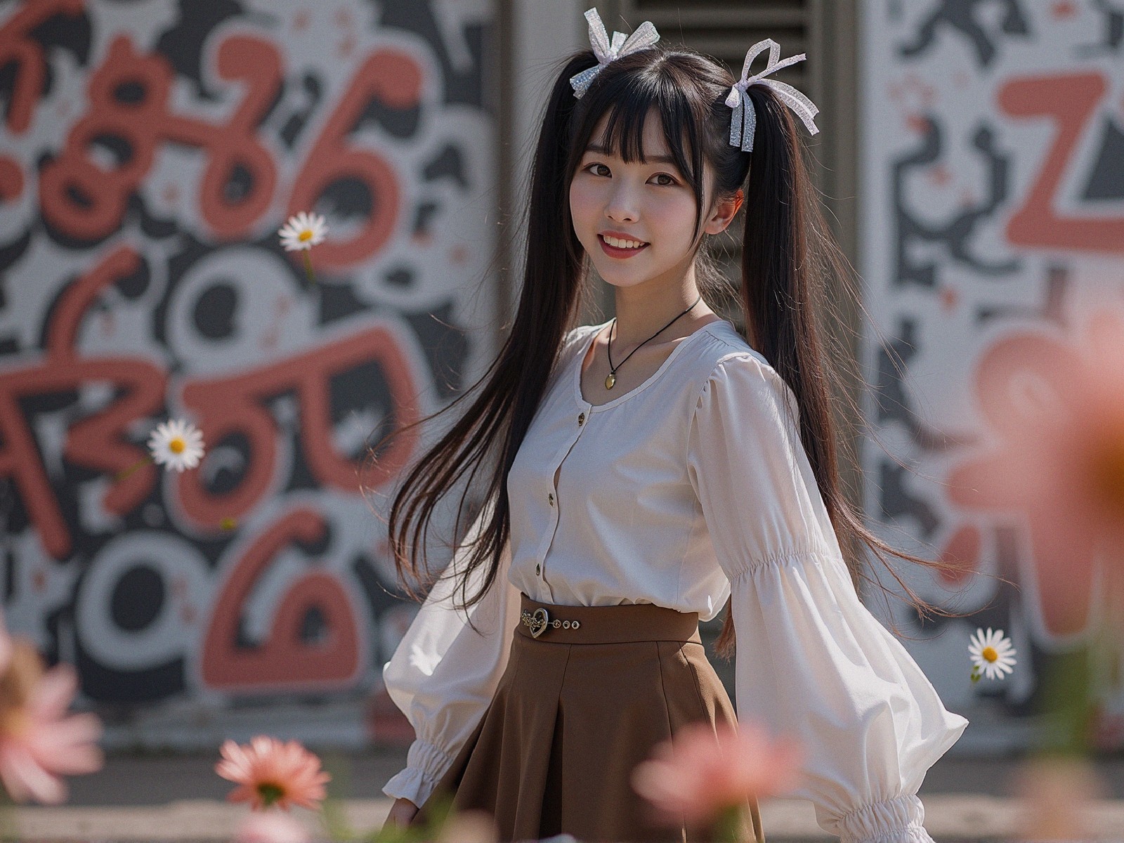 Cheerful Young Woman in Front of Colorful Graffiti Wall