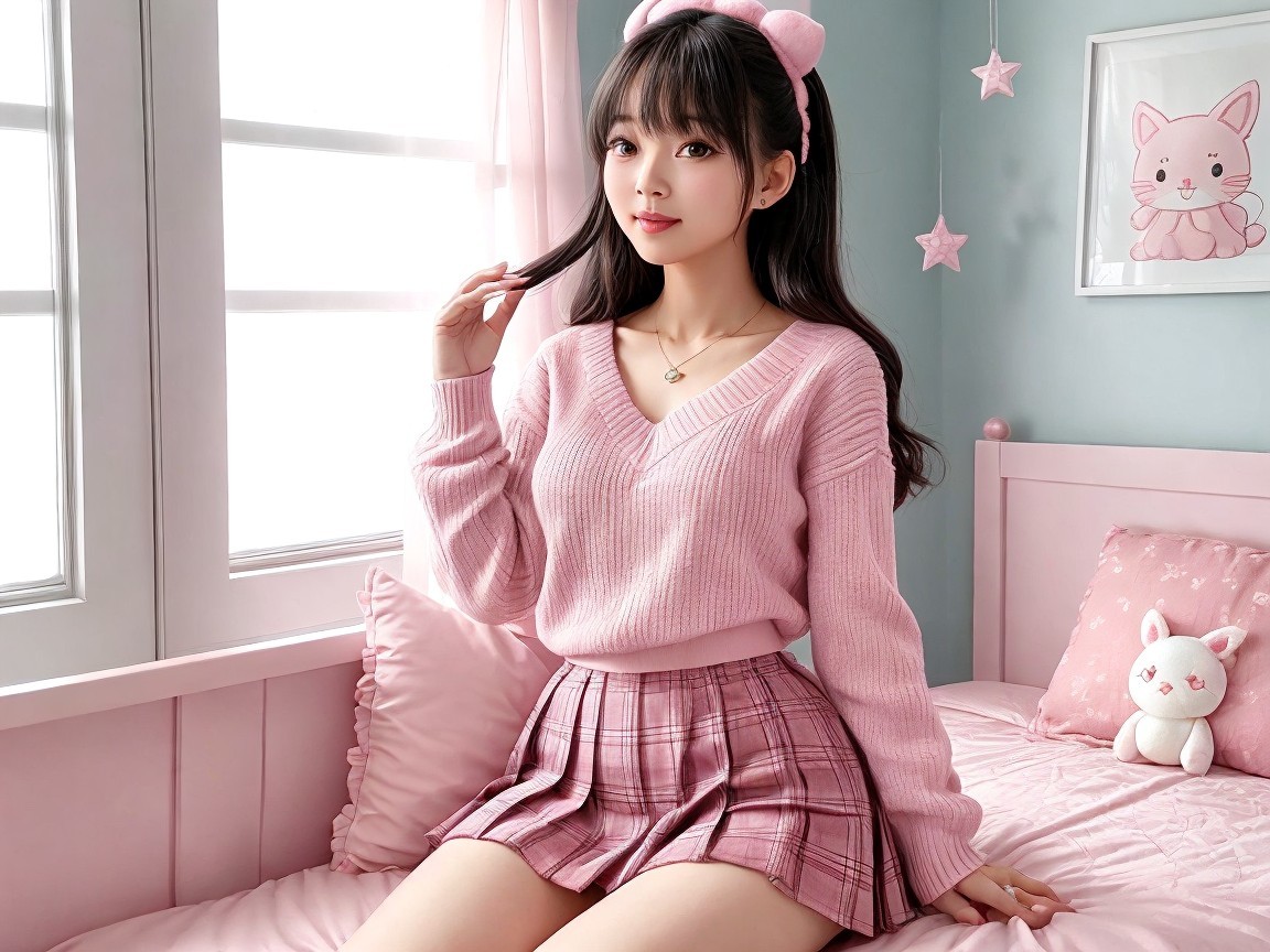 Young woman in pastel room with cozy attire and decor