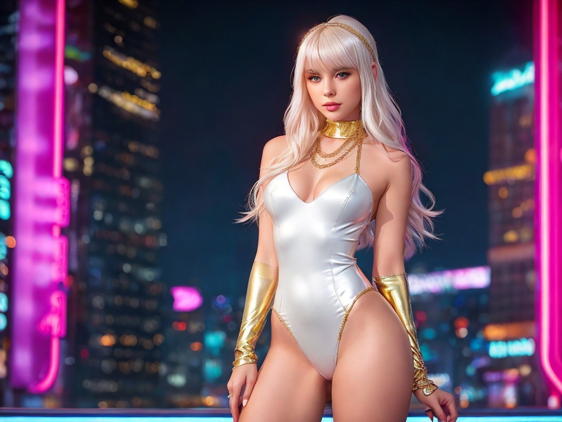 Figure in White Bodysuit Against Vibrant Cityscape
