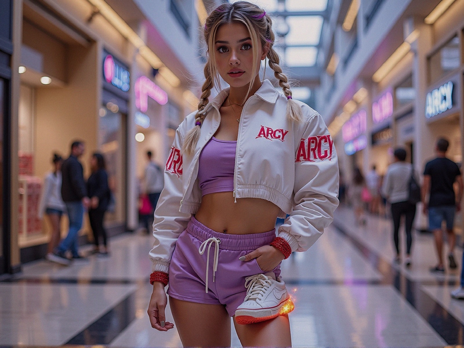 Stylish Young Woman in Modern Shopping Mall Outfit