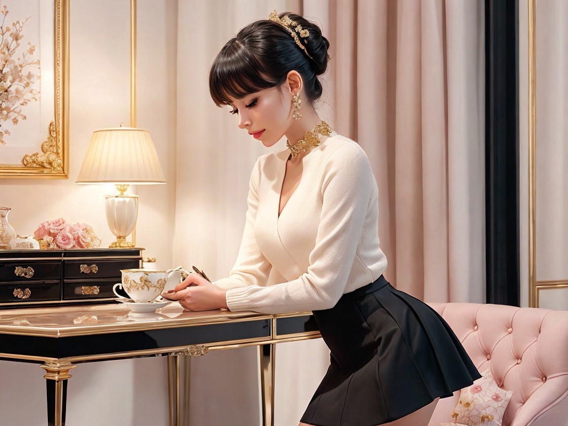 Elegant Interior with Woman at Lavish Desk