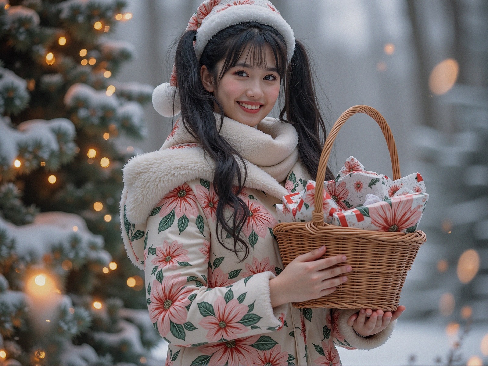 Cheerful Woman in Winter Wonderland with Gifts