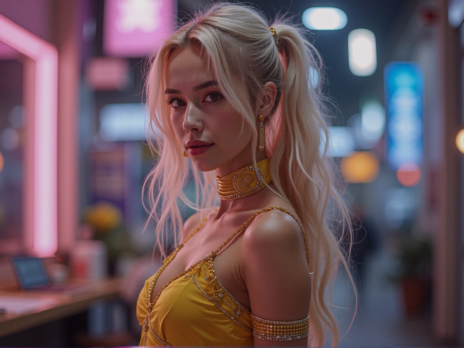 Young woman in yellow outfit in vibrant urban night scene