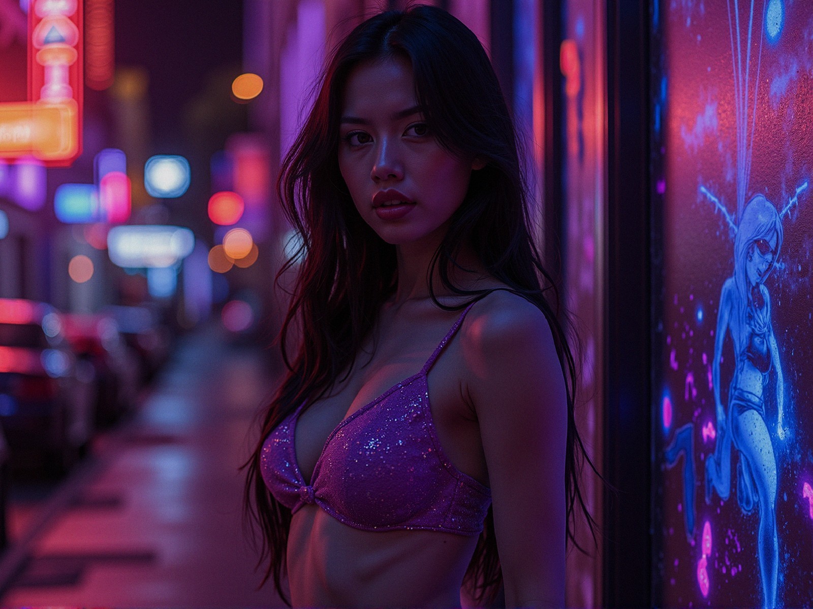 Young woman in neon-lit alleyway with mural backdrop