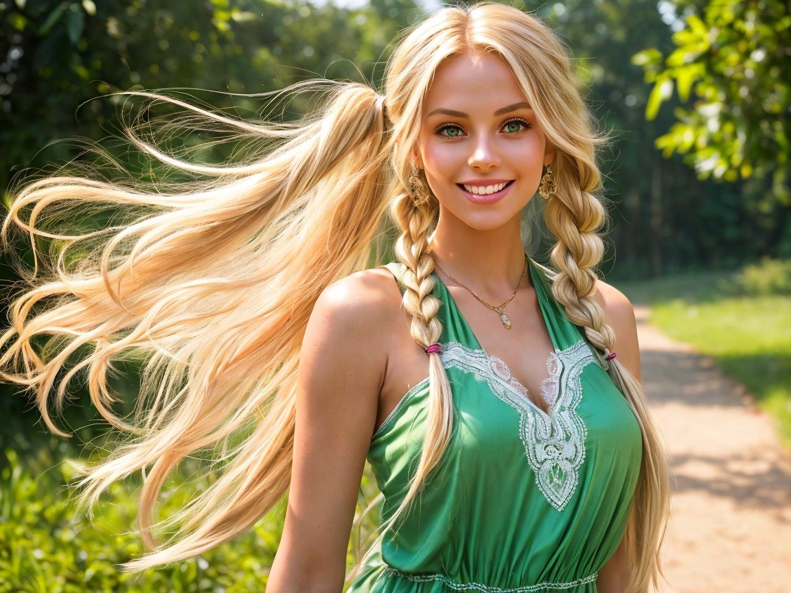 Young Woman in Green Dress on Sunny Pathway