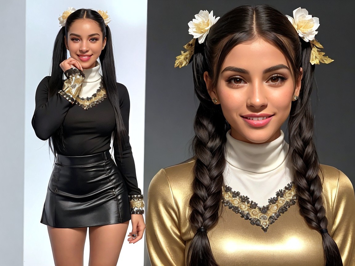 Young woman in stylish outfit with braids and flowers