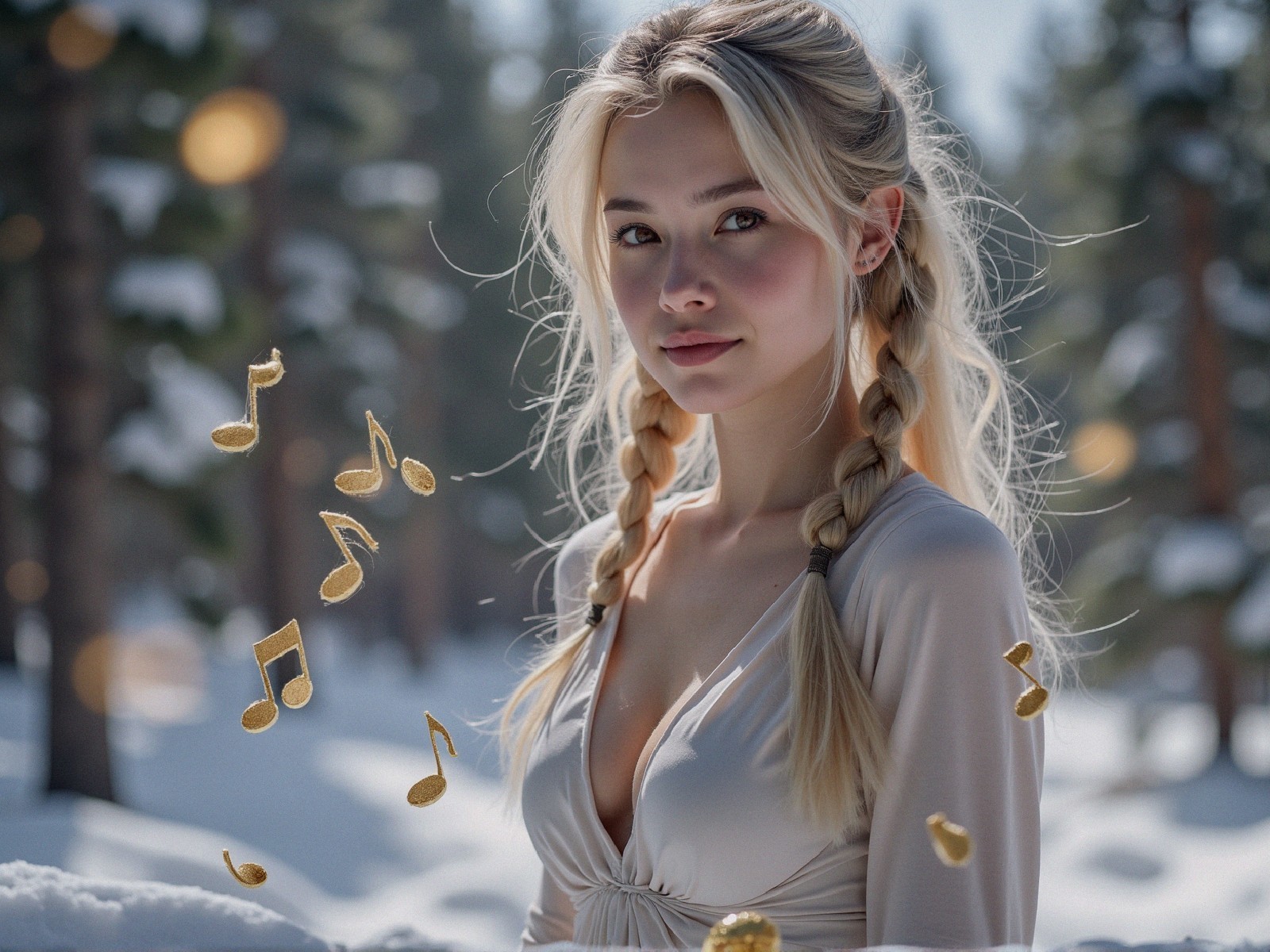 Young woman in snowy forest with musical notes