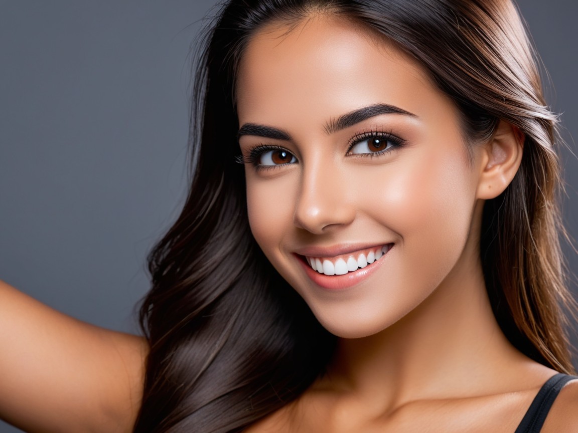 Young woman with radiant smile and flowing hair