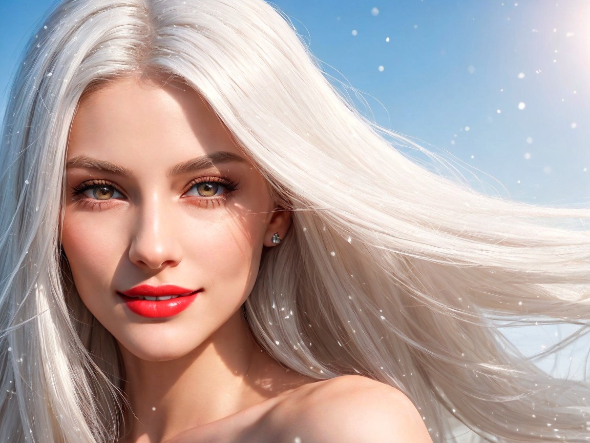 Young woman with platinum blonde hair and blue sky