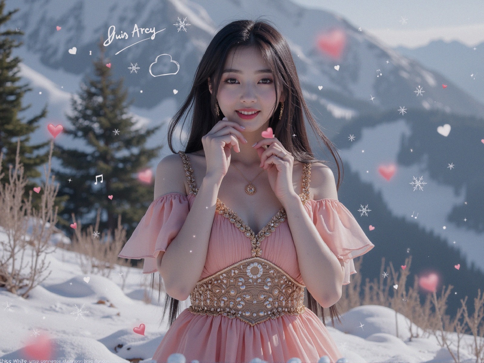 Young woman in pink gown in snowy landscape with hearts