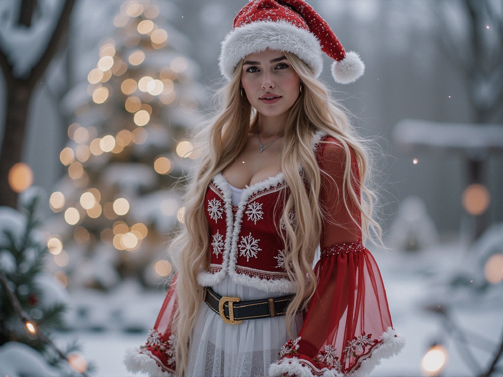 Young Woman in Festive Attire in Snowy Landscape