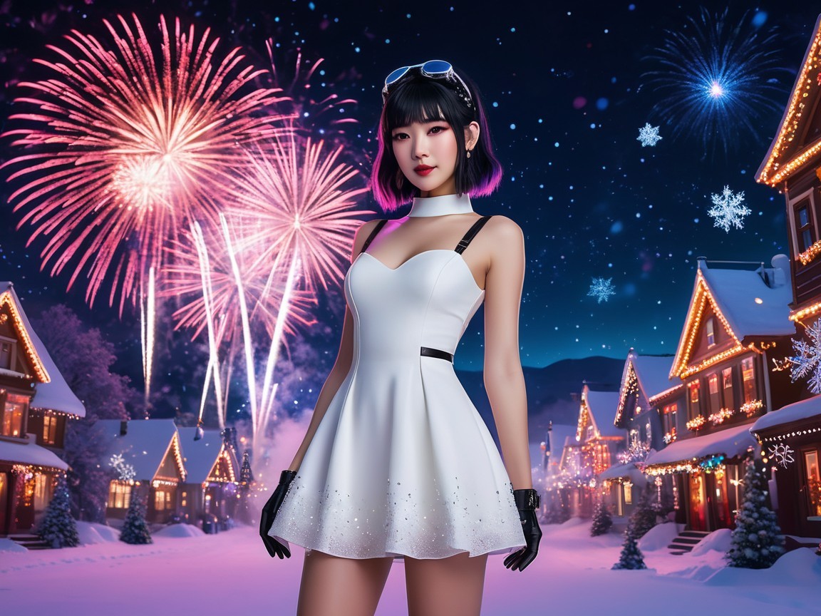 Fashionable Woman in Snowy Village with Fireworks