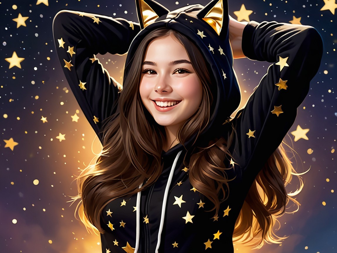 Cheerful girl in starry hoodie against night sky