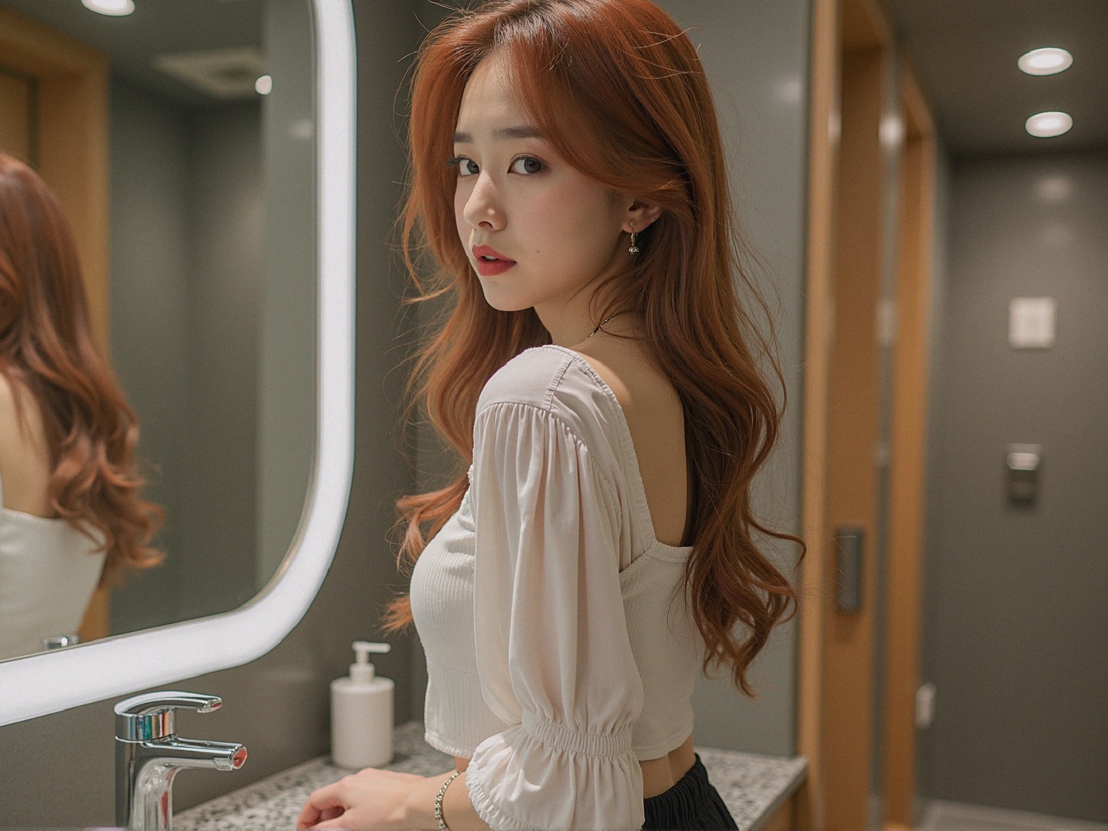 Young Woman in Modern Bathroom with Effortless Style