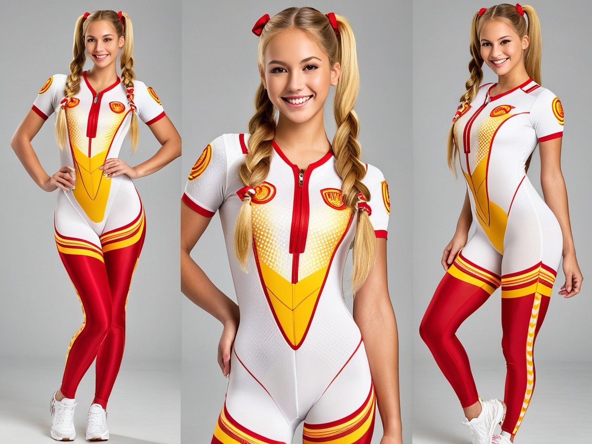 Young woman in vibrant red and yellow sports outfit