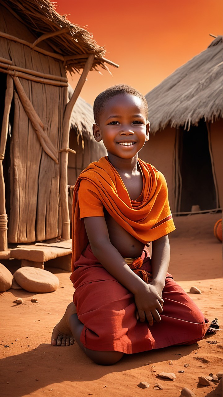 Young boy in orange tunic by sunset huts