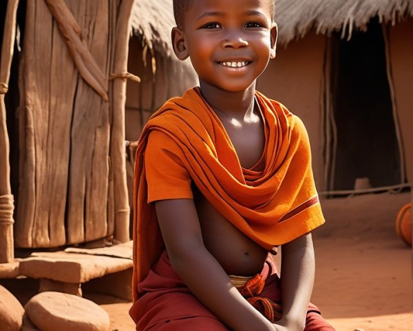 Young boy in orange tunic by sunset huts