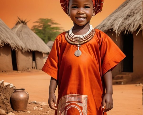 Joyful Child in Traditional Orange Garment at Sunset