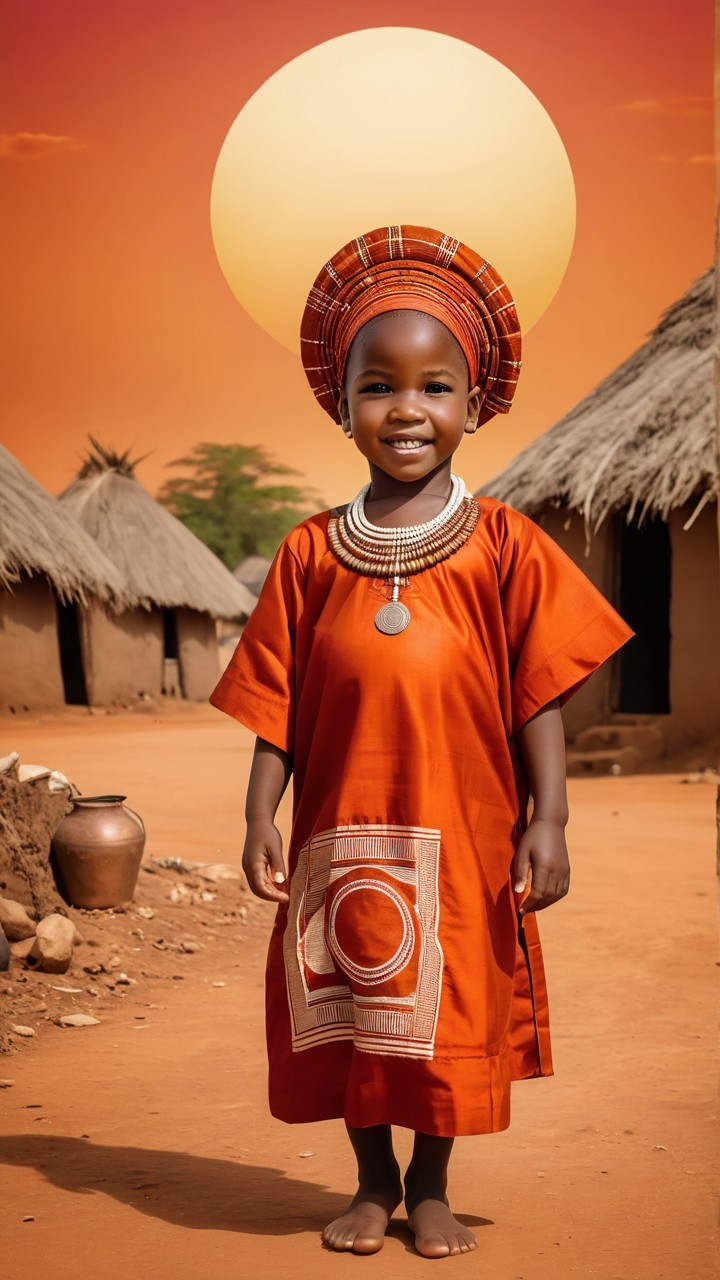 Joyful Child in Traditional Orange Garment at Sunset