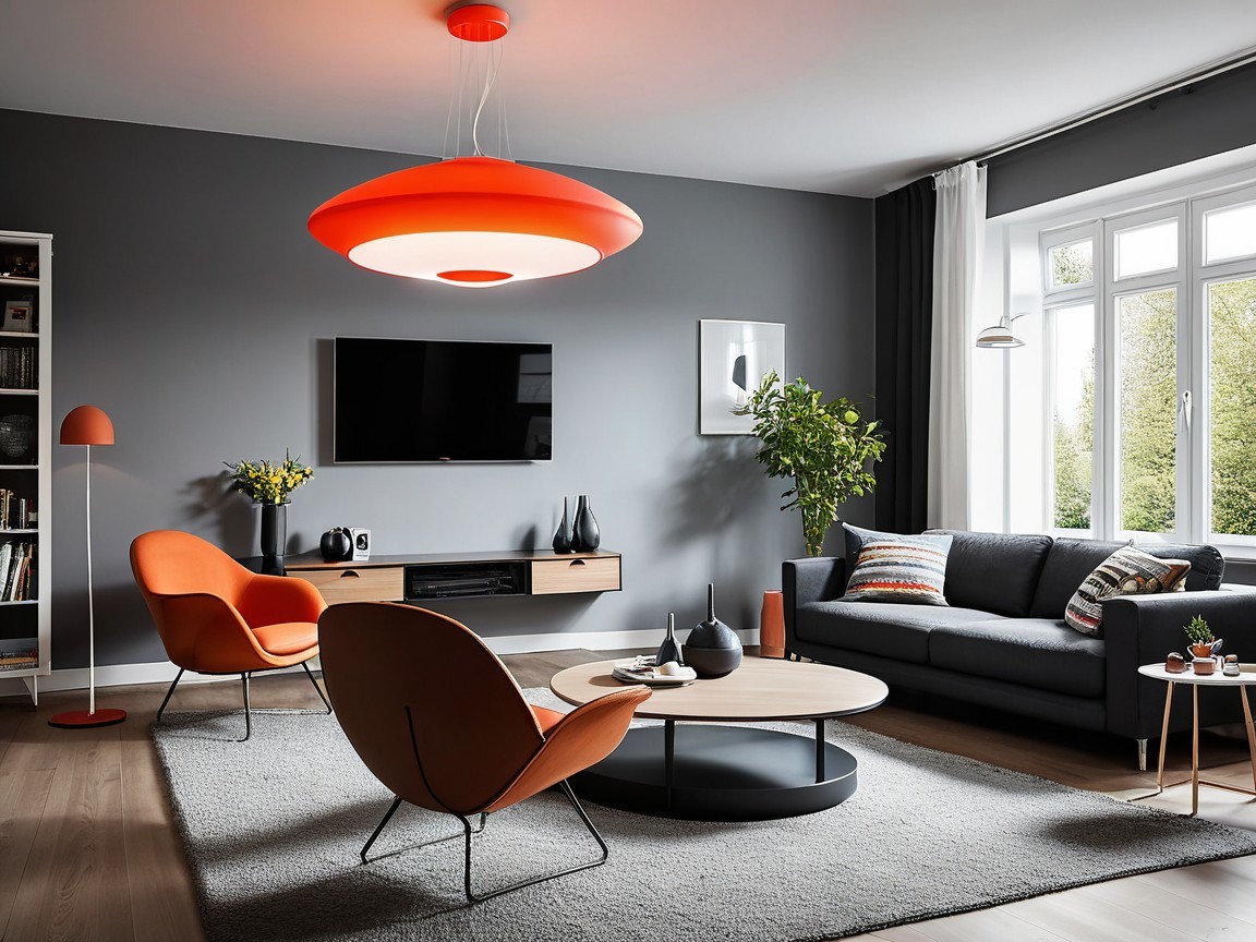 Modern Living Room with Gray Walls and Orange Accents