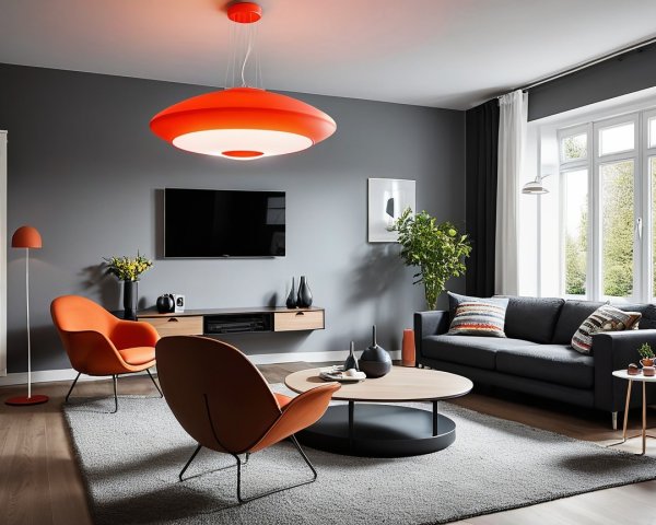 Modern Living Room with Gray Walls and Orange Accents