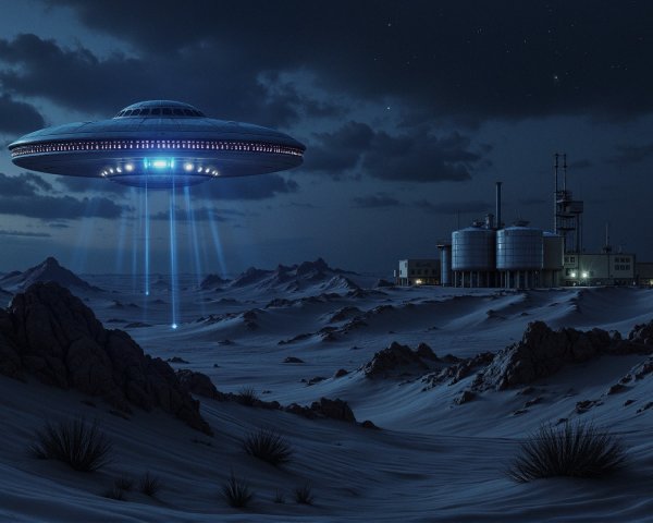 Futuristic UFO Over Desert Landscape at Night