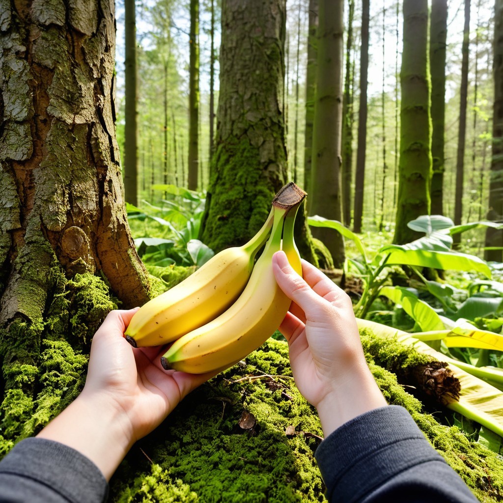 Ripe Bananas in a Lush Forest Setting with Sunlight