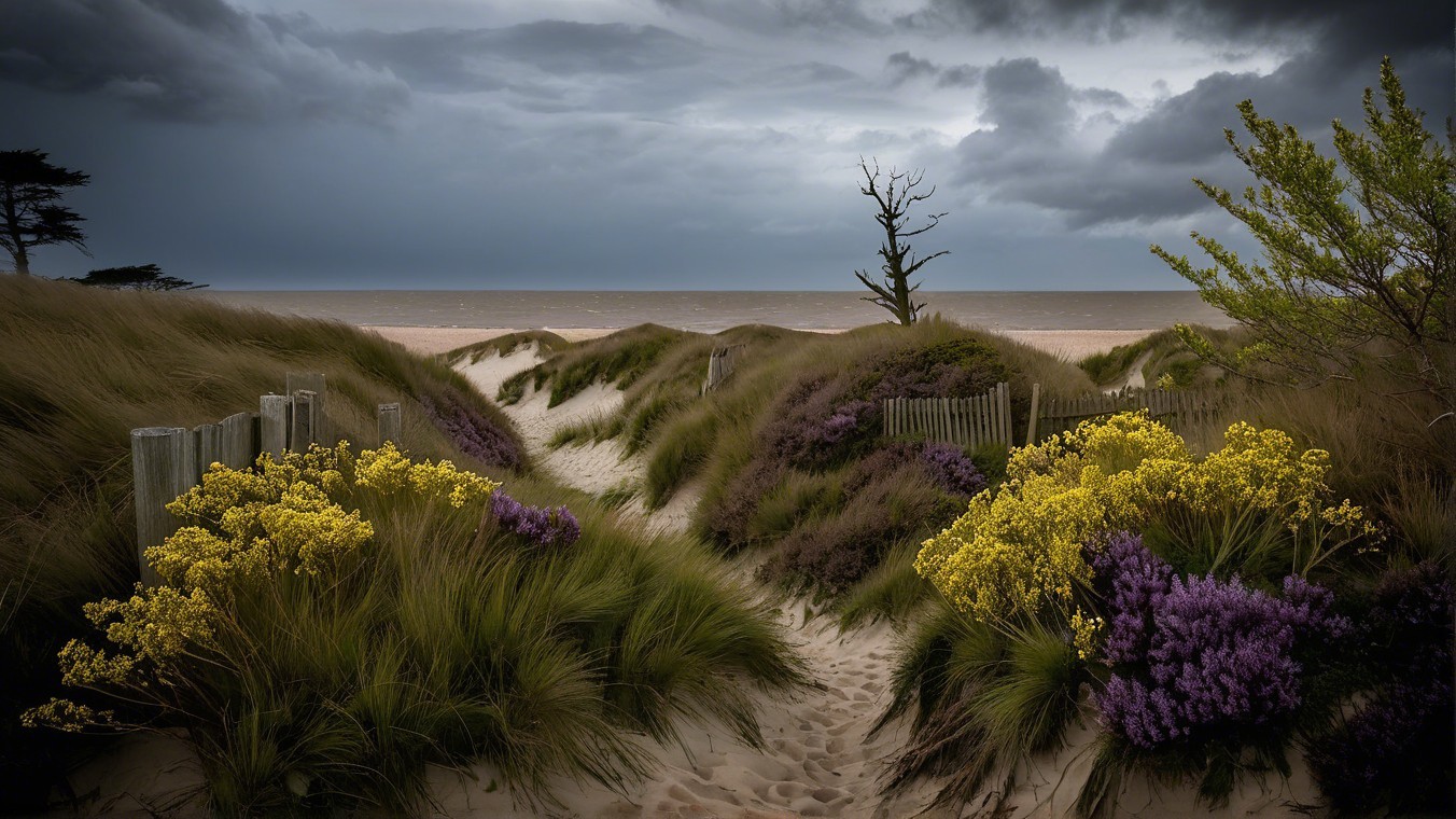 Coastal Landscape with Dunes, Flowers, and Clouds