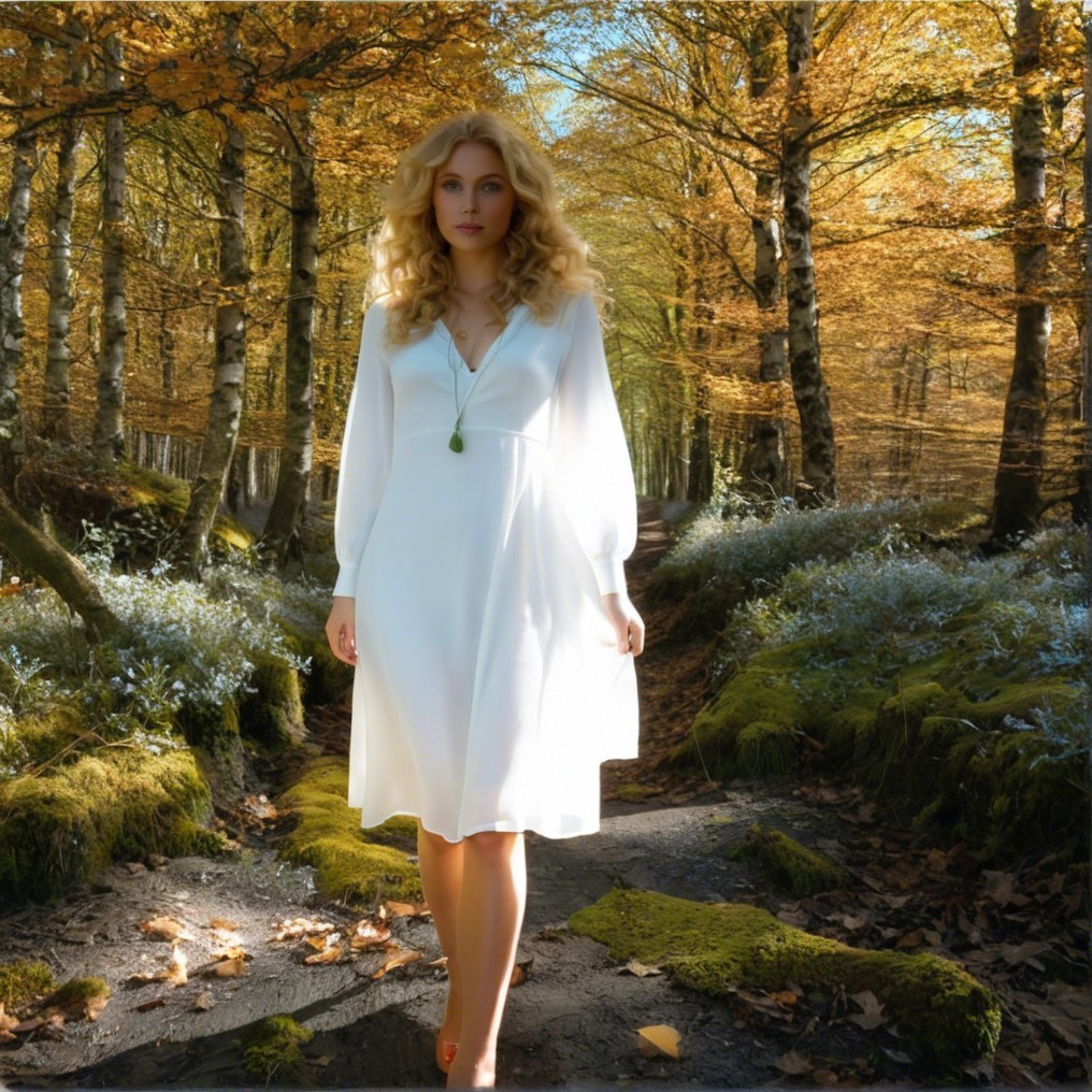Serene forest scene with woman in white dress