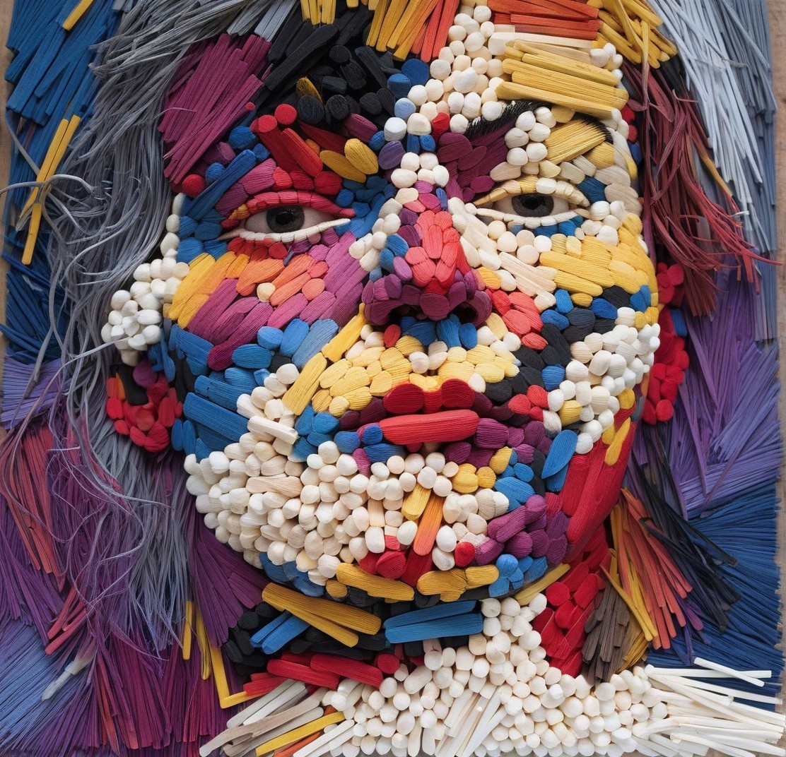 Colorful Wooden Portrait with Intricate Facial Features