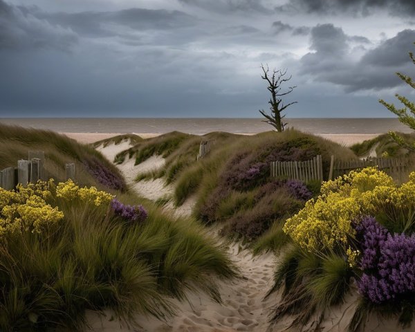 Coastal Landscape with Dunes, Flowers, and Clouds