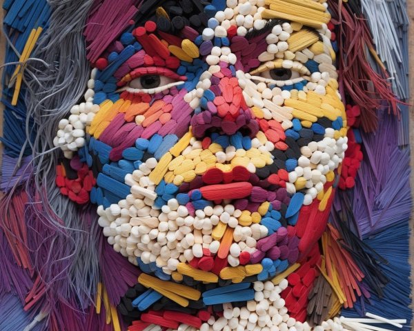 Colorful Wooden Portrait with Intricate Facial Features