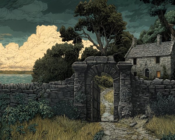 Weathered Stone Archway and Quaint Cottage Landscape